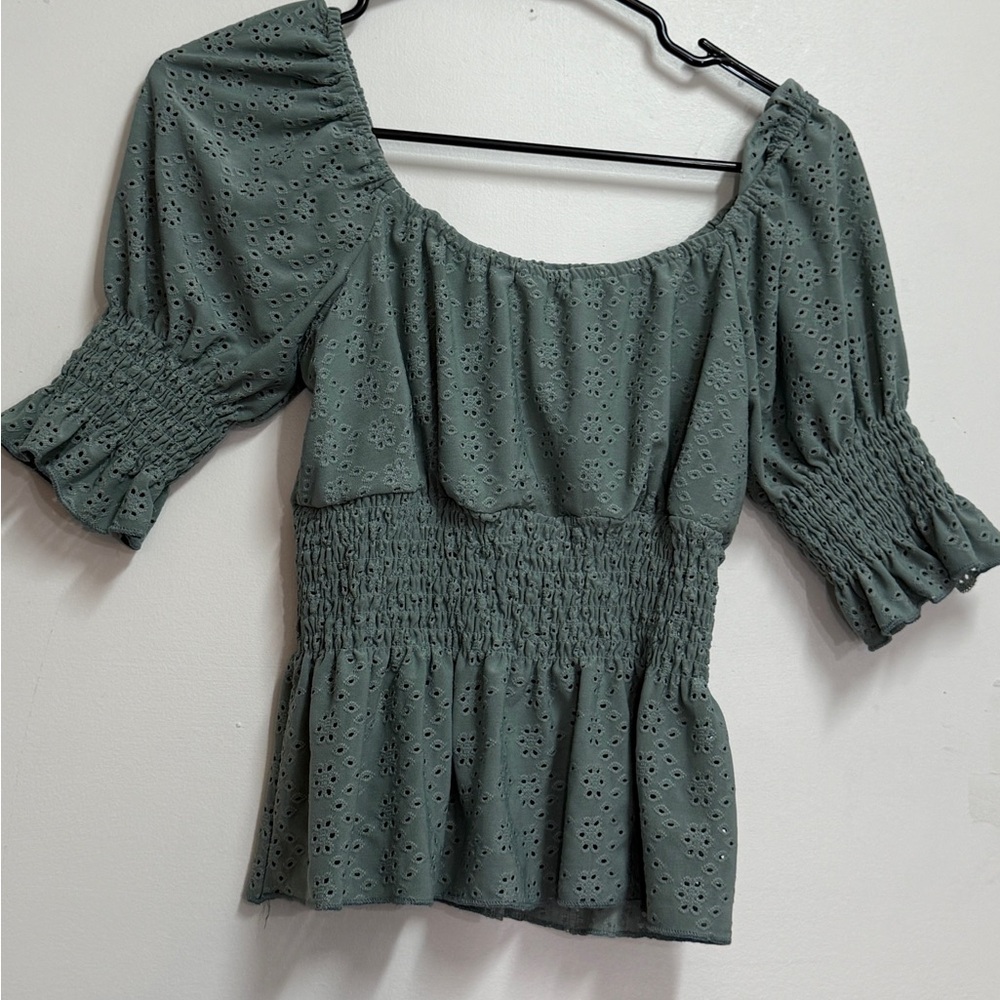 Romantic blouse eyelet print western blouse bohemian blouse green top